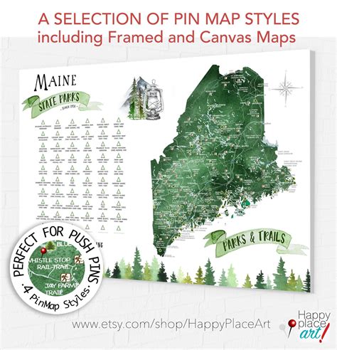 Maine State Park Map Gift, Maine Hiking Map, State Park Checklist for Maine, ME State print, New ...