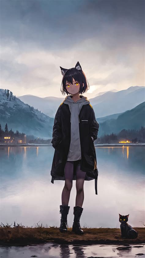 Anime Cat Girl Lake Scenery 4K 8K #7141l Wallpaper iPhone Phone