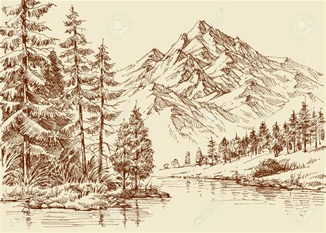 Alpine Landscape, River And Pine Forest Sketch Royalty Free Cliparts ...