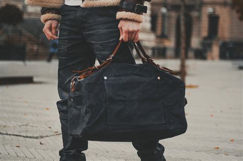 Duffle Bag Weekender Waxed Canvas & Leather Mens Womens Black Oilskin Holdall Overnight Gym ...