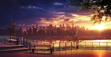 Download 2600x1348 Anime Cityscape, Skyscrapers, Skyline, Sunset, Scenic Wallpapers ...