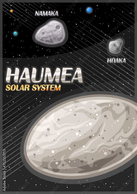 Vector Poster for Haumea, futuristic vertical banner with illustration of oval dwarf planet with ...