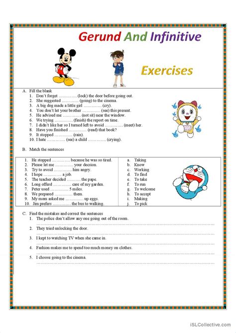 Gerund and Infinitive exercises: English ESL worksheets pdf & doc