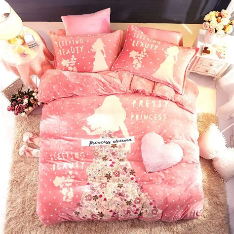 Romantic Pink Flannel fleece Princess comforter bedding sets queen size ...