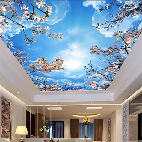 Custom Wallpaper Sky Clouds Cherry Blossoms Ceiling Mural | BVM Home