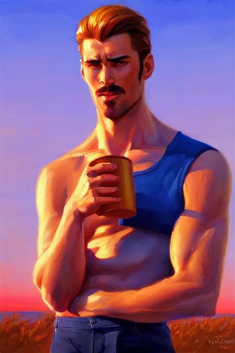 attractive man drinking coffee, sunset, painting by | Stable Diffusion ...