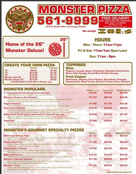 Menu at Monster Pizza pizzeria, Anchorage