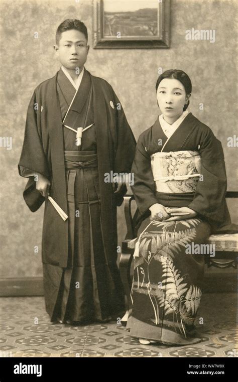 [ 1920s Japan - Japanese Formal Wear for Wedding ] — Ceremonial photo of a couple in formal wear ...