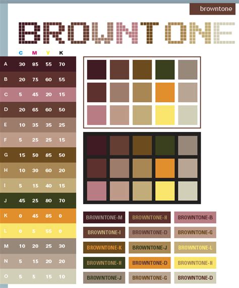 Brown tone color schemes, color combinations, color palettes for print (CMYK) and Web (RGB + HTML)