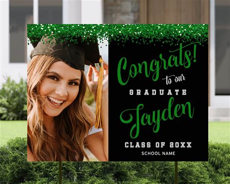 Graduation Yard Sign Template Photo Lawn Sign, Green and Black Graduation Party Decor, Glitter ...