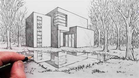 How to Draw a House in 2-Point Perspective with Reflection in Landscape