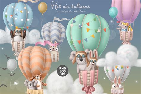 Hot air balloon with animals cute clipart set By An_Kle | TheHungryJPEG