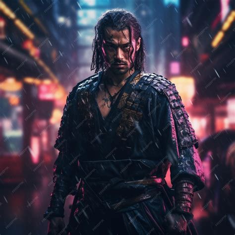 Premium AI Image | shot of samurai Cyberpunk samurai surrounded by city neon lighting