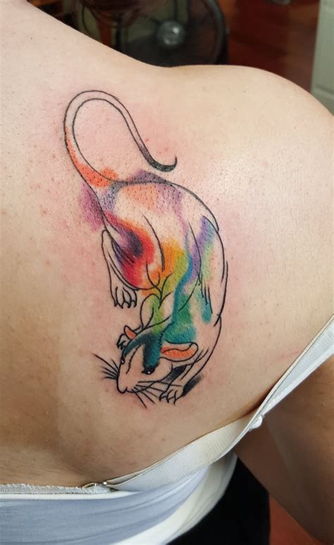 Watercolor Rat Tattoo On Girl Back Shoulder | Cute tattoos for women, Tattoos, Rat tattoo