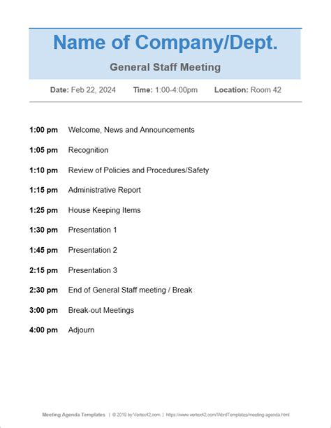 Printable Staff Meeting Agenda Template