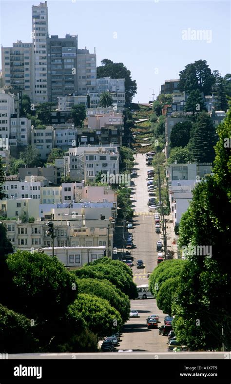 Steep sloping street with zig zag road San Francisco California USA ...