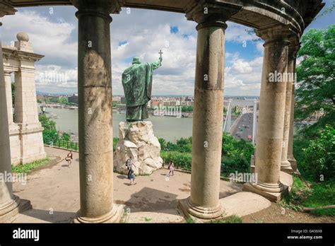 Budapest Gellert Hegy Hill, the statue of Saint Gellert on Gellert-hegy (hill) admonishing the ...