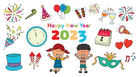 Kids drawing vector Illustration set of Happy New Year 2023 in a cartoon style 14435193 Vector ...