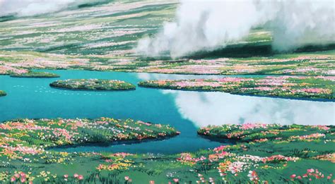 an artist's rendering of a river surrounded by grass and flowers with clouds in the background