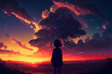 Premium Photo | A girl standing in front of a sunset, anime aesthetic, anime, cinematic view