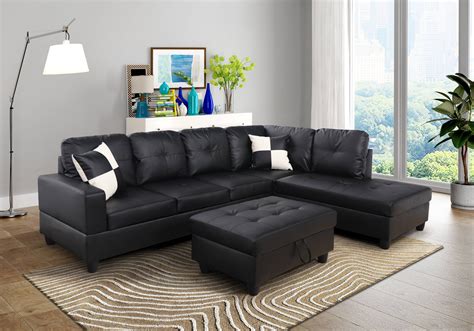 For-U Furnishing Classic Black Faux Leather Sectional Sofa, Right Facing Chaise, 74.5"D x 103.5 ...