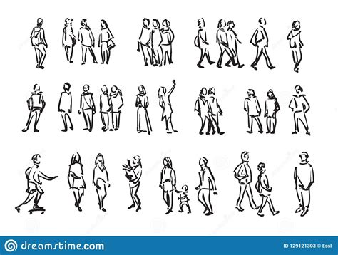 People Sketch. Casual Group of People Silhouettes. Outline Hand Drawing Illustration. Stock ...