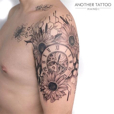 Clock and sunflowers shoulder tattoo | Shoulder piece tattoo, Tattoos, Fine line tattoos