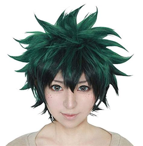 Anogol Hair Cap+Green Short Wavy Cosplay Wig Anime Costume For Boy'S Synthetic Hair Wigs ...