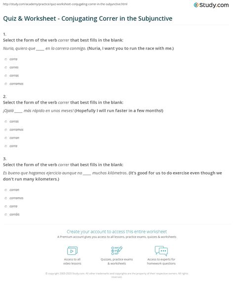 Quiz & Worksheet - Conjugating Correr in the Subjunctive | Study.com