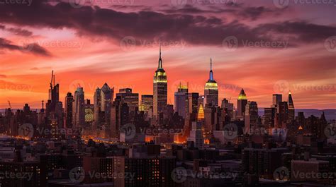 Amazing panorama view of New York city skyline and skyscraper at sunset. Beautiful night view in ...