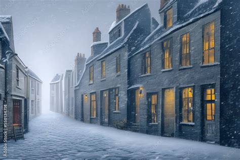 Cosy winter scene with a town street covered in snow. Image created with Generative AI ...