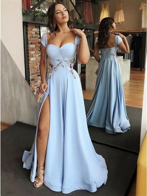 Custom Made Sweetheart Neck Light Blue Prom Dress with Cap Sleeves, Cap Sleeves Blue Formal ...