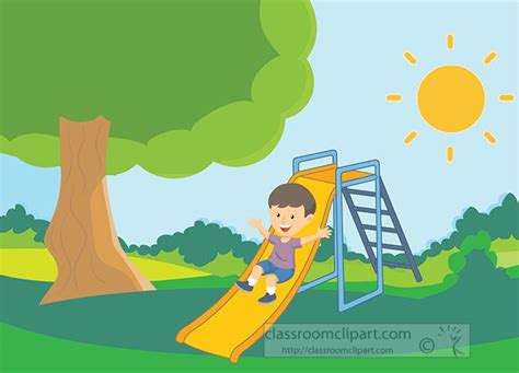 Recreation Clipart - sunny-day-at-park-with-child-playing-on-a-slide-clipart - Classroom Clipart