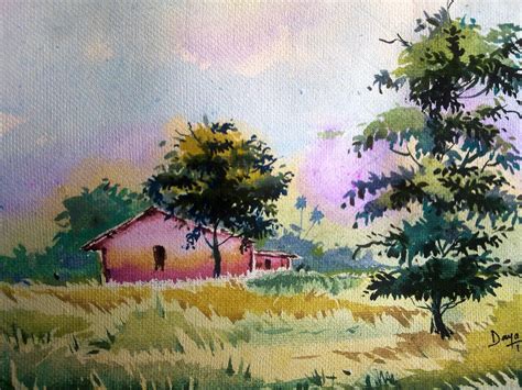 Watercolor Painting of a Village Scene | DesiPainters.com