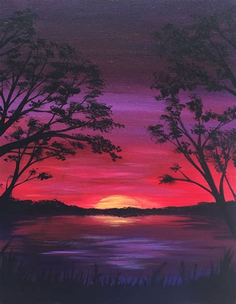 Lake at Sundown Easy Canvas Painting, Night Painting, Diy Painting, Painting & Drawing, Sunrise ...