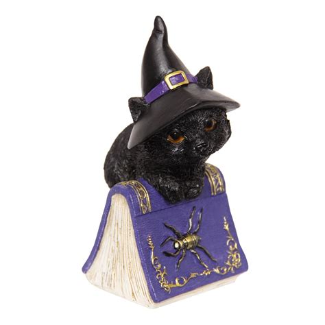 12cm Black Cat Witch On Purple/Red Mystical Spell Book Cute & Scary Resin