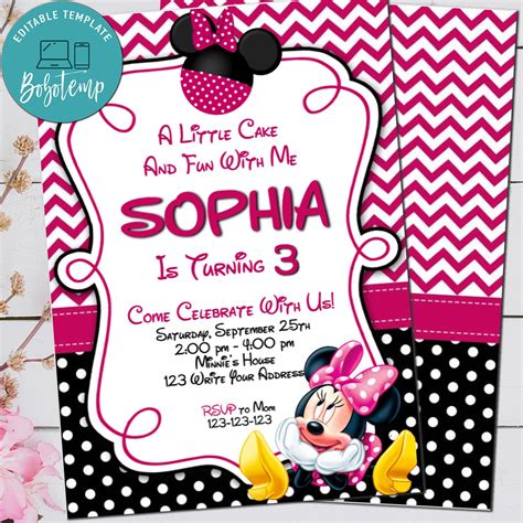 Editable Pink Minnie Mouse Birthday Invitation Digital File | Bobotemp