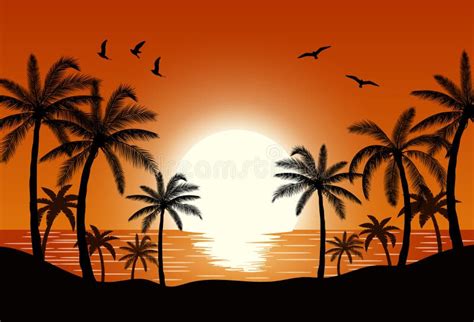 Silhouette Palm Tree on Beach Stock Vector - Illustration of ocean, orange: 96068887