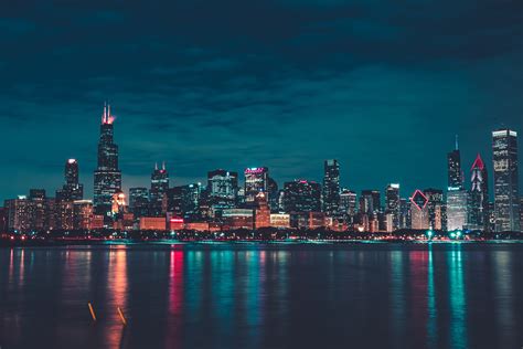 Chicago Wallpaper 4K, Night, City lights, Cityscape