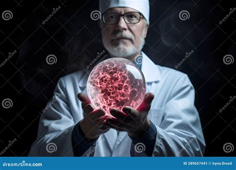 The Doctor Shows a Virtual Cancer Cell. Medical Concept Stock ...