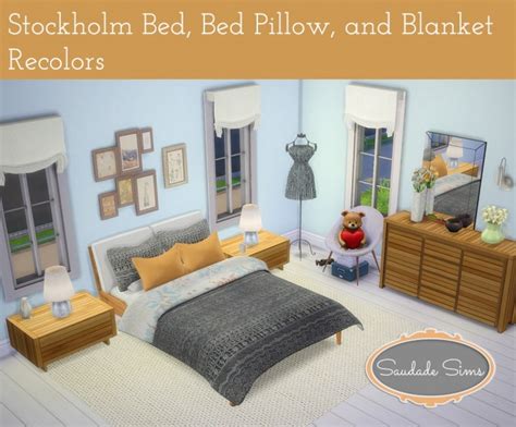 Stockholm bed, pillow and blanket recolors at Saudade Sims » Sims 4 Updates