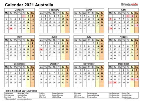 Printable Yearly Calendar 2021 Australia