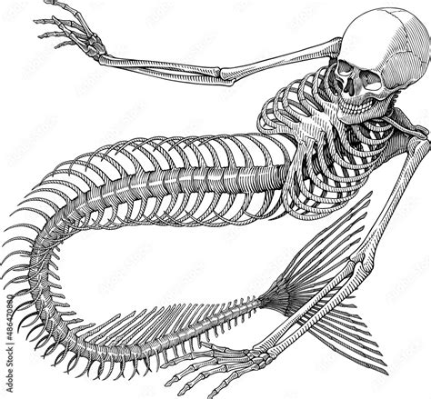 Black and white vector illustration of mermaid skeleton Stock Vector | Adobe Stock