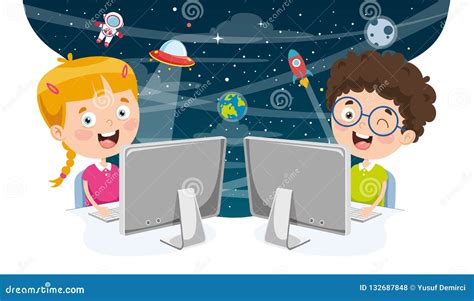 Vector Illustration of Kids Using Computer Stock Vector - Illustration ...