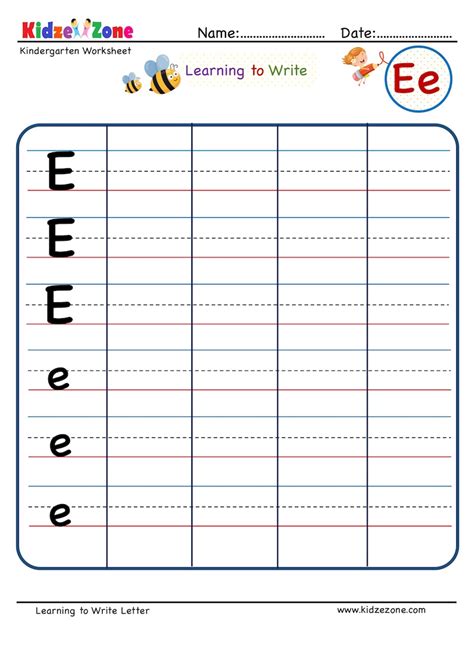 Kindergarten Letter E Writing Worksheet - KidzeZone