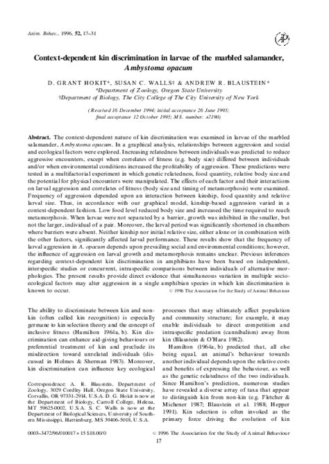 (PDF) Context-dependent kin discrimination in larvae of the marbled salamander,Ambystoma opacum