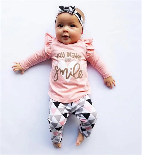 2019 Cute baby girl clothes pink you make smile Long sleeve Top +pant +Headband 3pcs/set baby ...