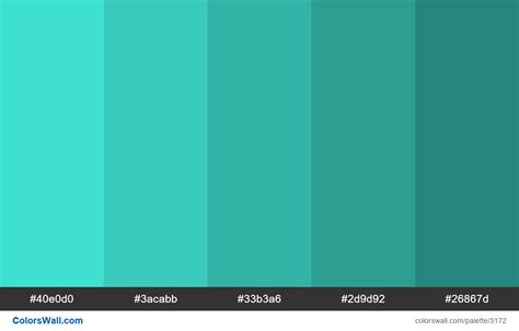 Turquoise color shades. HEX colors #40e0d0, #3acabb, #33b3a6, #2d9d92, #26867d. Brand original ...