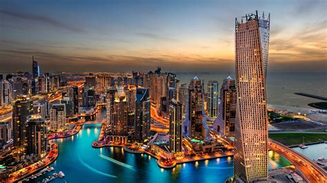 Dubai, skyscrapers, night view, city, photography, sea, sky, skyline ...