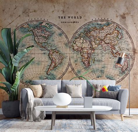 Vintage World Map Wallpaper Vintage Wallposter Educational Mural Peel ...